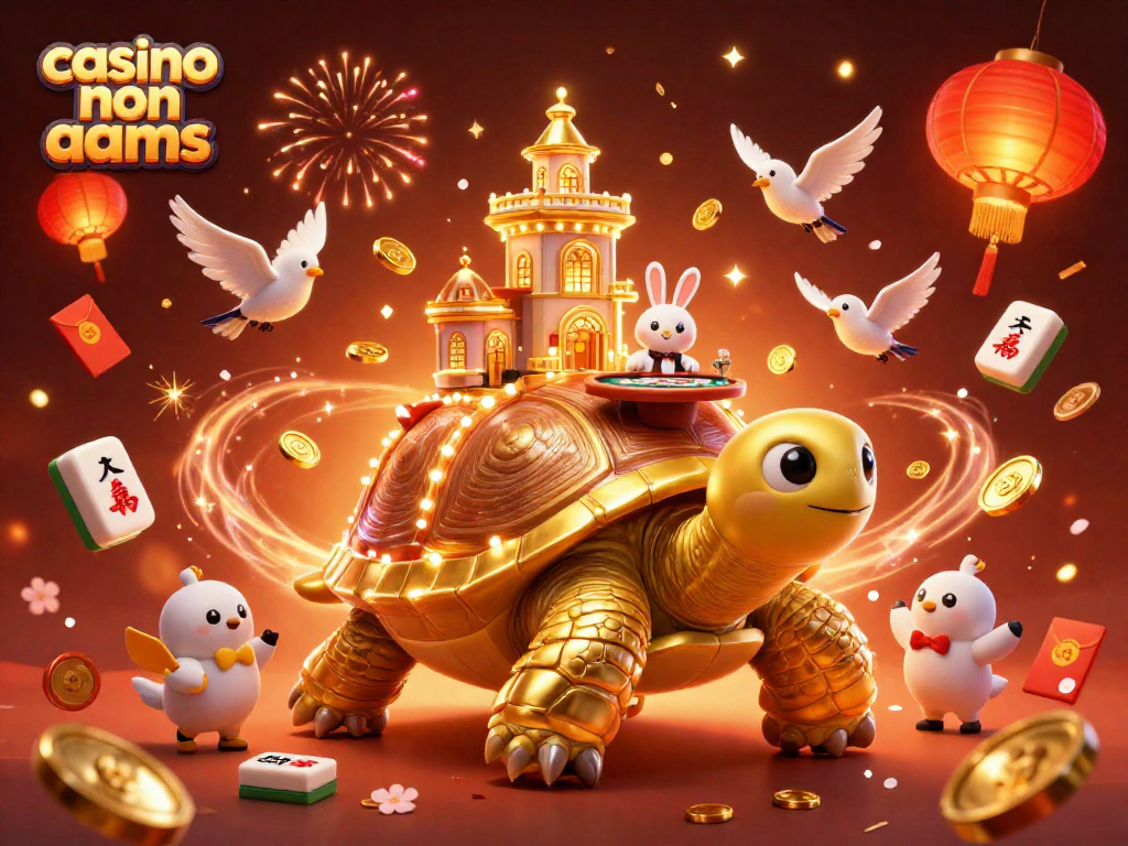 Gioca nei casino non AAMS con una tartaruga dorata e un dealer di carte in una scena vivace.