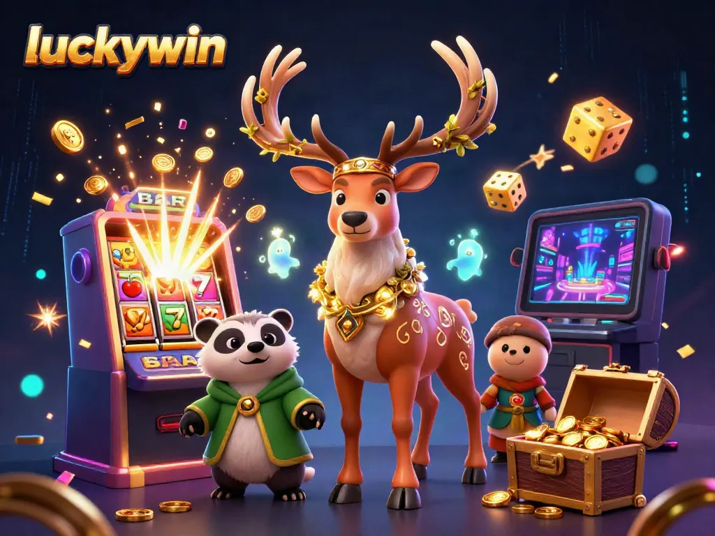 Experience luckywin with a lively 3D depiction of gaming characters amidst a jackpot explosion of coins and colorful symbols.