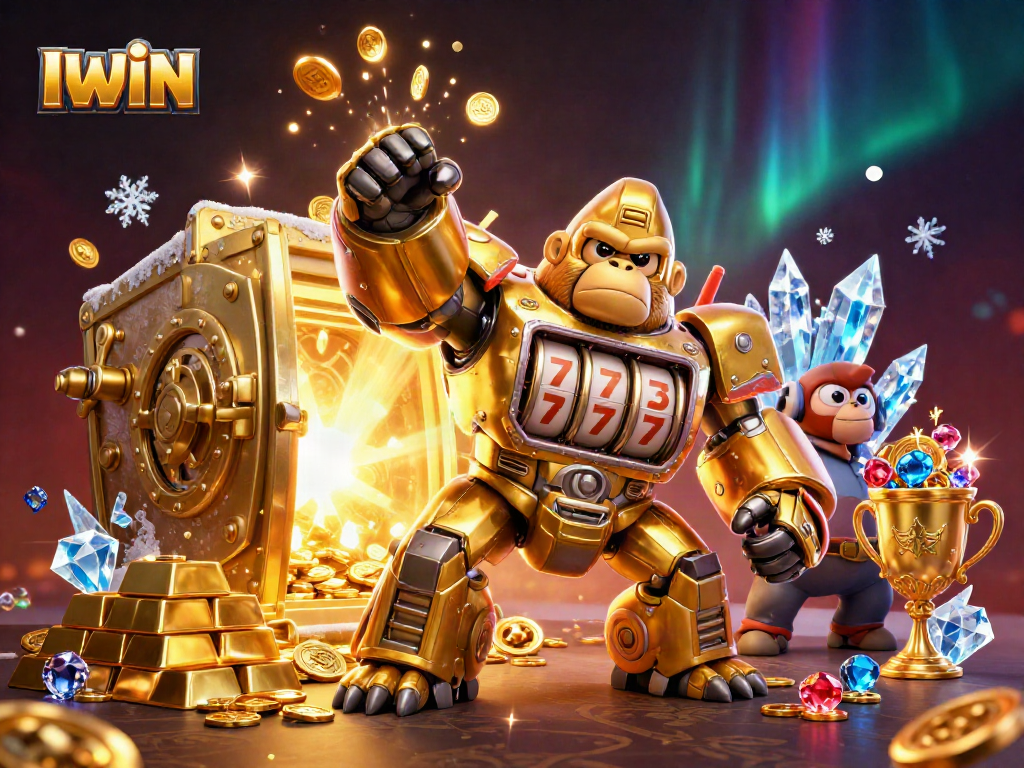 IWIN showcases a golden gorilla mech, bursting coins, and treasure in an exciting casino scene.
