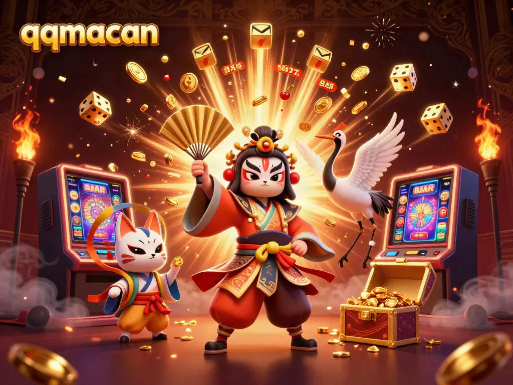 Experience the excitement of qqmacan with a lively 3D illustration featuring kabuki warriors and casino elements.