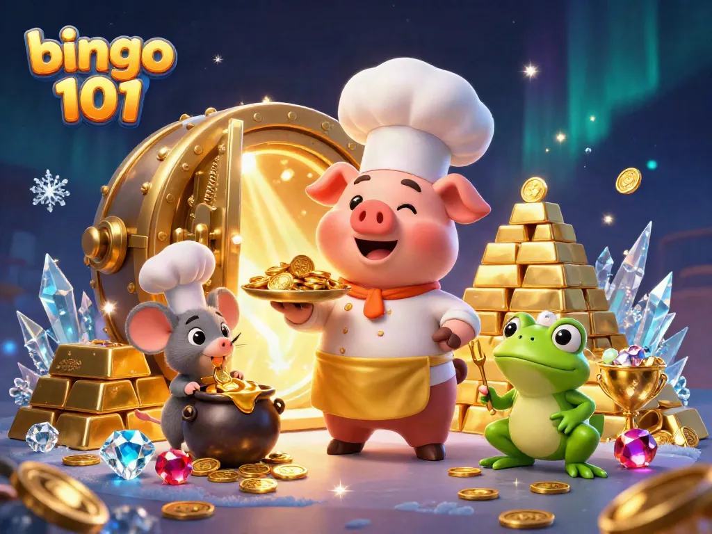 Experience the excitement of bingo 101 with vibrant gold and cartoon characters in a dazzling scene.