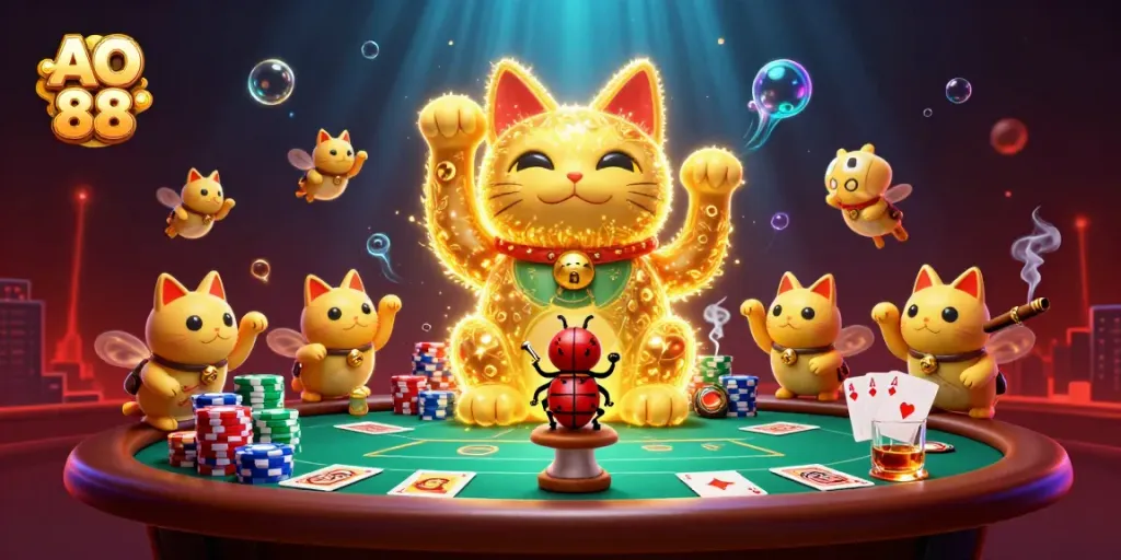 Experience thrilling wins at AO 88 with a vibrant 3D illustration of casino action.