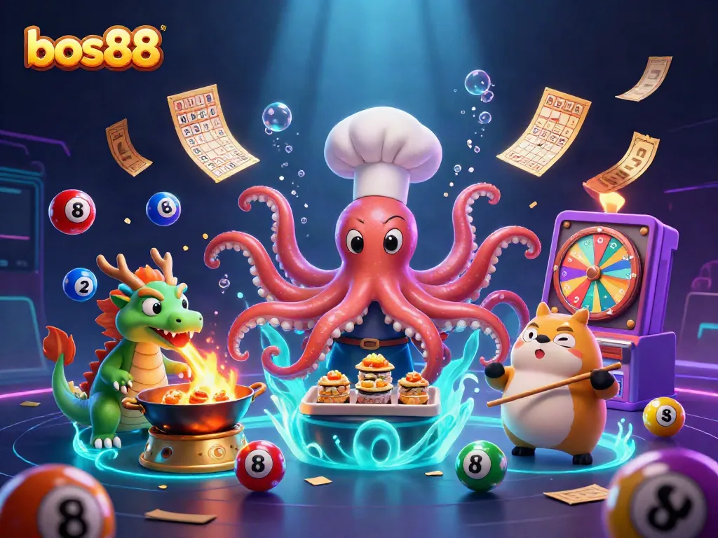 Engage with bos88's vibrant gaming world featuring an octopus chef creating slot dishes alongside a fire-breathing dragon.