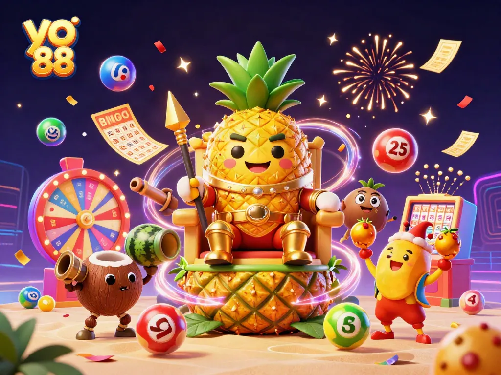 Engage in exciting wins at yo 88 with a vibrant 3D casino illustration featuring animated characters, lottery elements, and playful details.