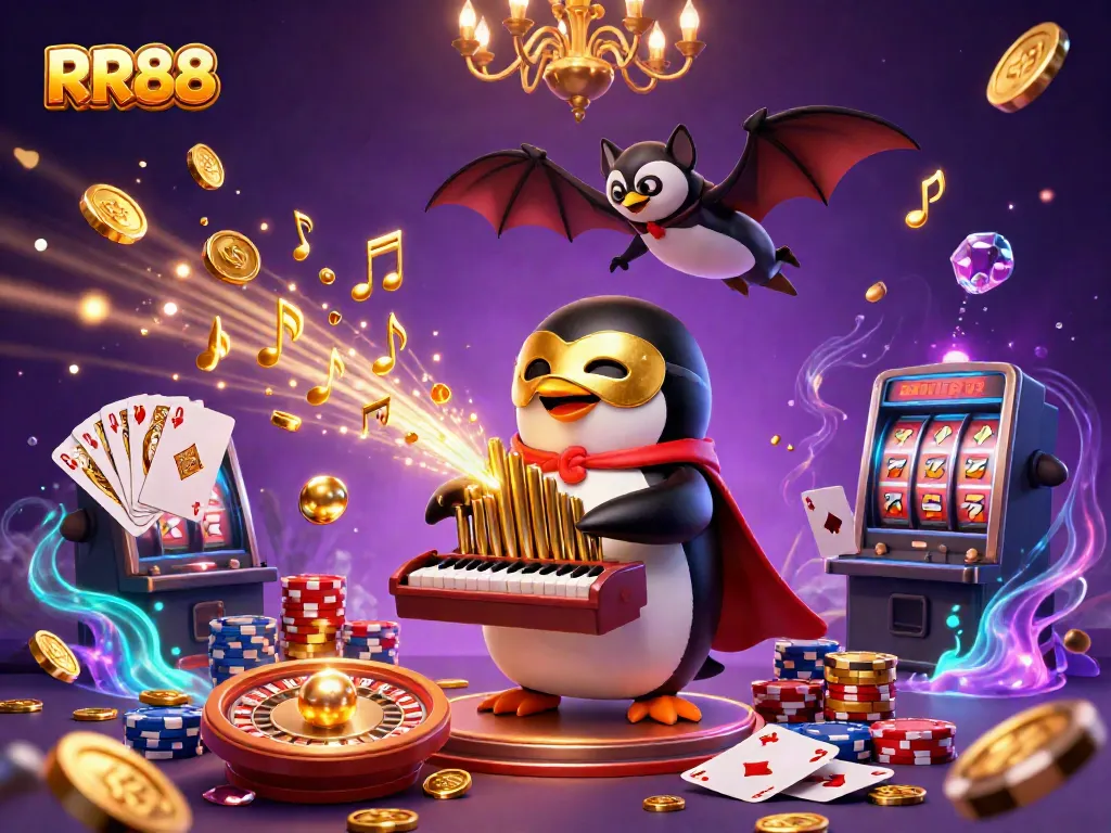 Experience thrilling moments at RR88 as a whimsical penguin plays an organ amidst cascading coins and vibrant casino elements.
