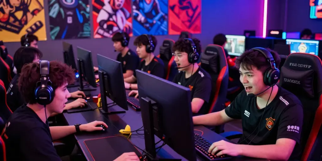 Exciting eSports gaming arena with players competing in juraganbola, showcasing vibrant colors and competitive atmosphere.