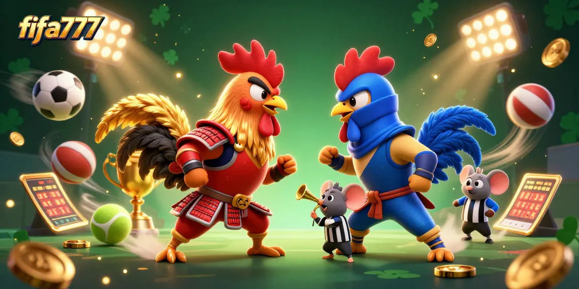 Engage with thrilling fifa777 action featuring fighting roosters and sports elements in a vibrant scene.