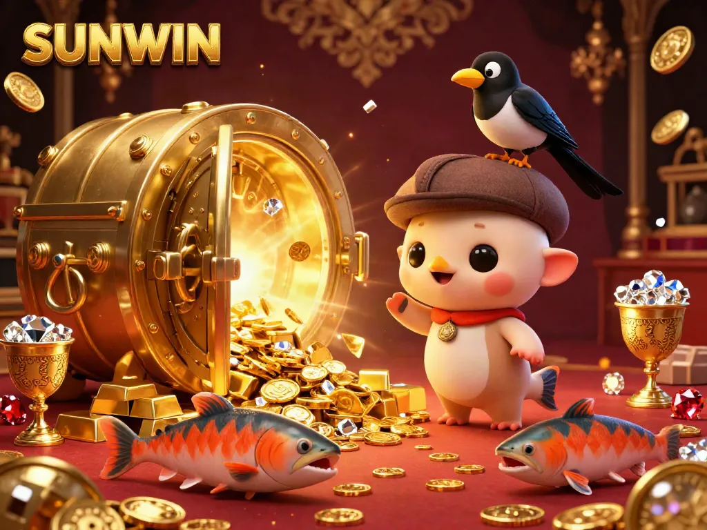 Engage in winning strategies at SUNWIN with a festive 3D casino scene featuring playful characters and vibrant treasures.