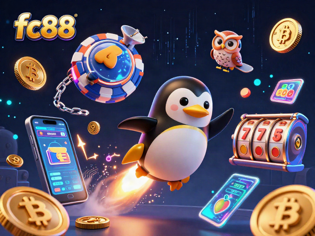Cá cược fc88 với hình ảnh chú chim cánh cụt vàng bay giữa không gian cùng những đồng bitcoin sáng bóng.