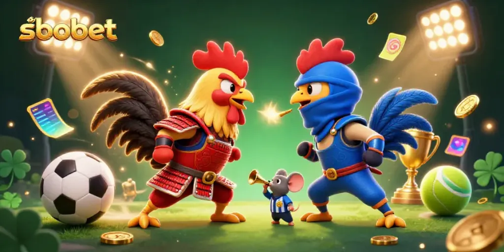 Bet on sbobet while witnessing a thrilling standoff between cartoon roosters in dramatic armor.