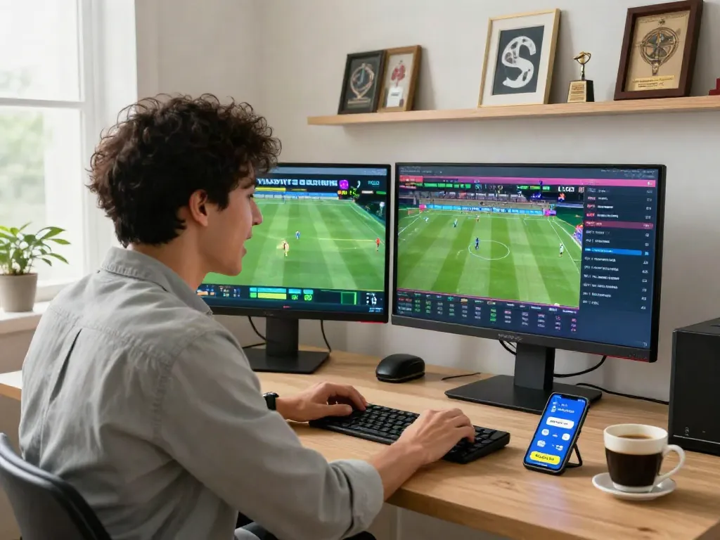 Engaging scene of lotus365 sports betting at home with live matches displayed.