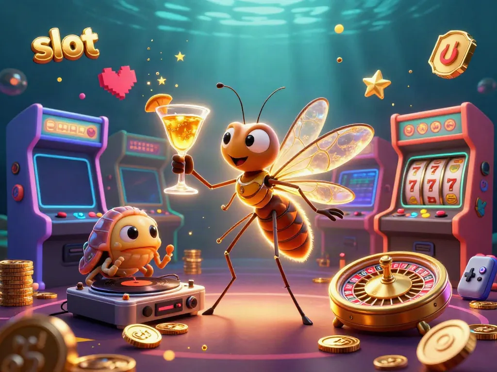 Engaging slot-themed 3D illustration featuring unique casino characters and vibrant game elements.