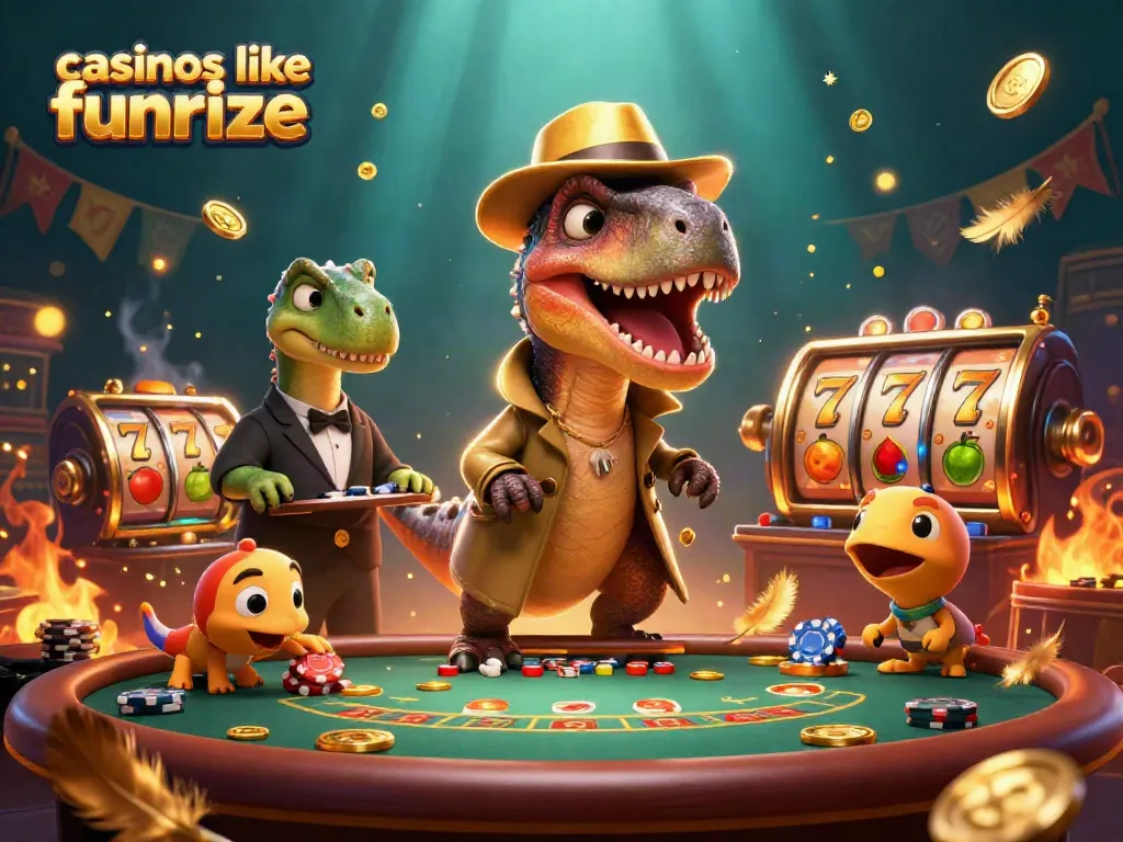 Play fun games at casinos like funrize with cartoon dinosaurs enjoying blackjack action.