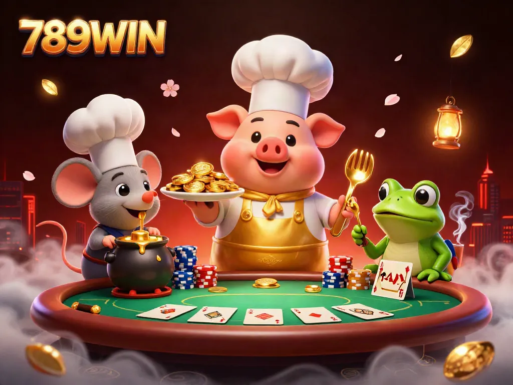 Chef pig serving gold coins at 789WIN, with a sous-chef mouse and critic frog in a lively casino scene.