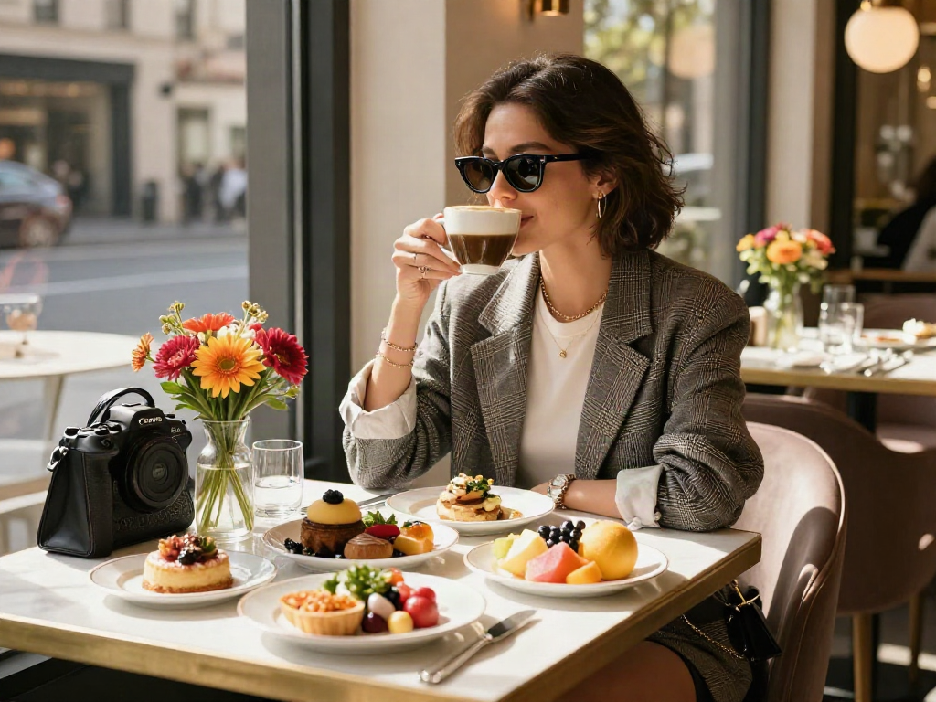 Menikmati brunch mewah di kafe modern dengan LUXURY 111 di meja yang dihias indah.