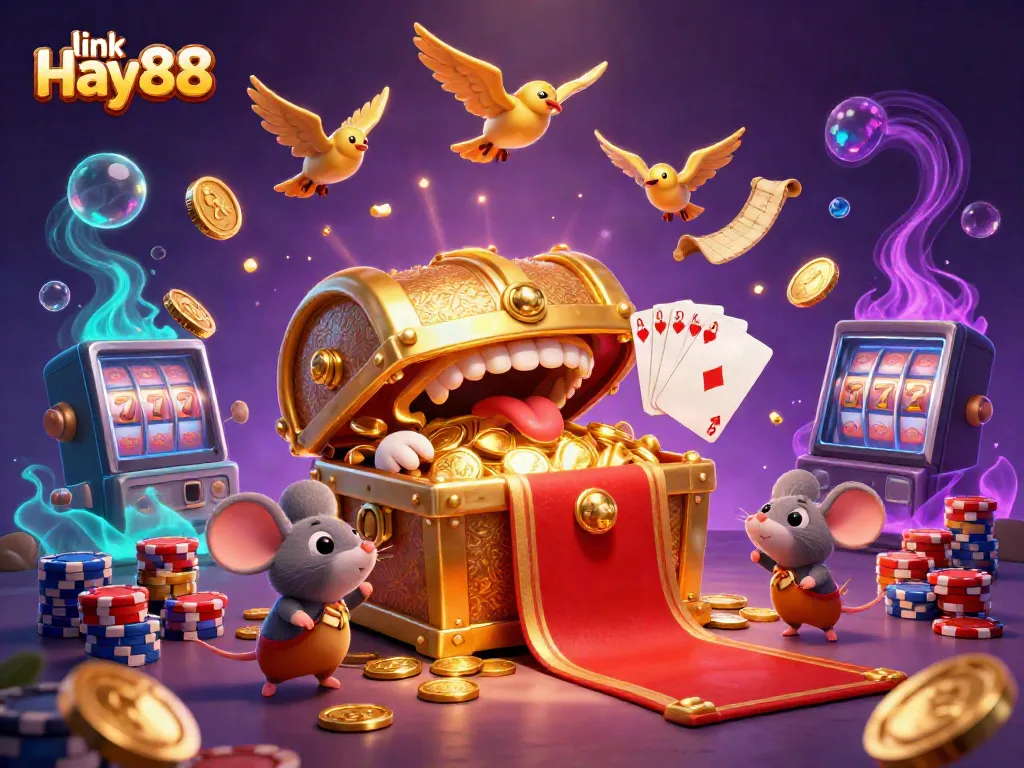 Engage with the link Hay88 scene, showcasing a golden treasure chest and casino elements, inviting players into a vibrant gaming experience.