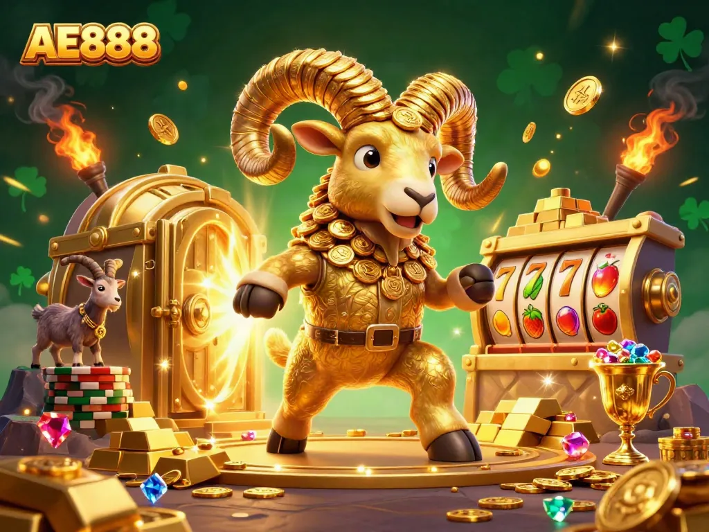Experience the AE888 thrilling casino adventure with a golden ram and treasures illuminating the night.