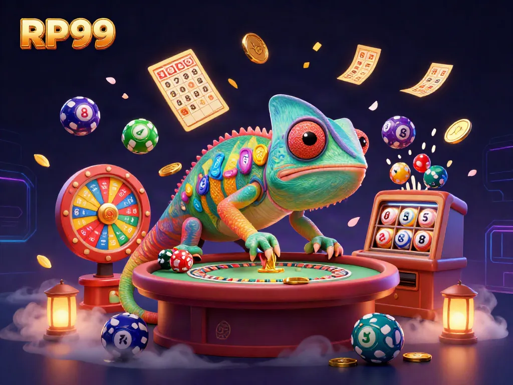 Engaging RP99 casino scene with a colorful chameleon owner surrounded by jackpot elements.