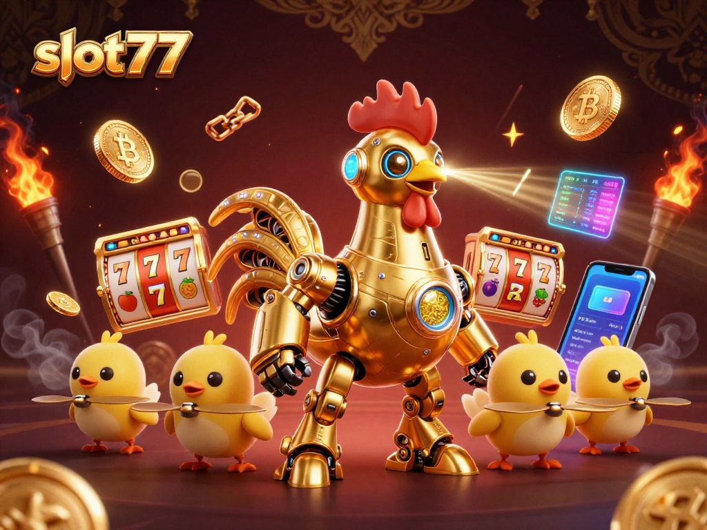 Play slot777 for epic jackpots with the golden rooster and chick drones in 3D.