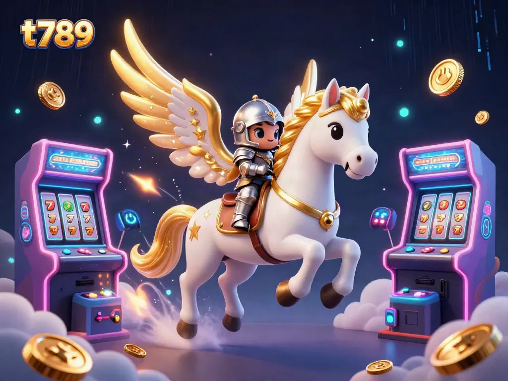 Experience the dynamic gambling world of t789 with a celestial horse and vibrant arcade elements.