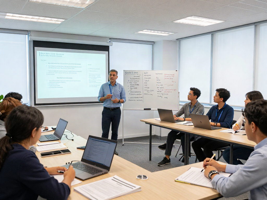 ISO 9001 Lead Auditor Course training session with instructor and engaged participants discussing quality management practices in a modern classroom.