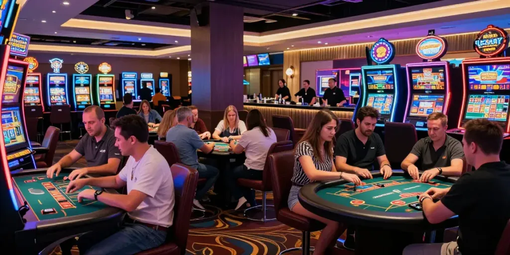 Casino News: Bustling gaming environment with diverse players enjoying various activities.