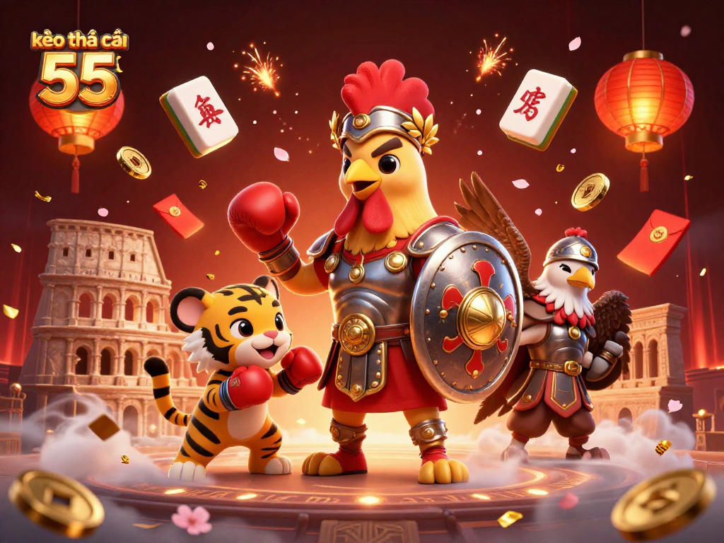 Engage with kèo nhà cái 55 as a gladiator rooster and tiger cub spar in a dynamic casino illustration.