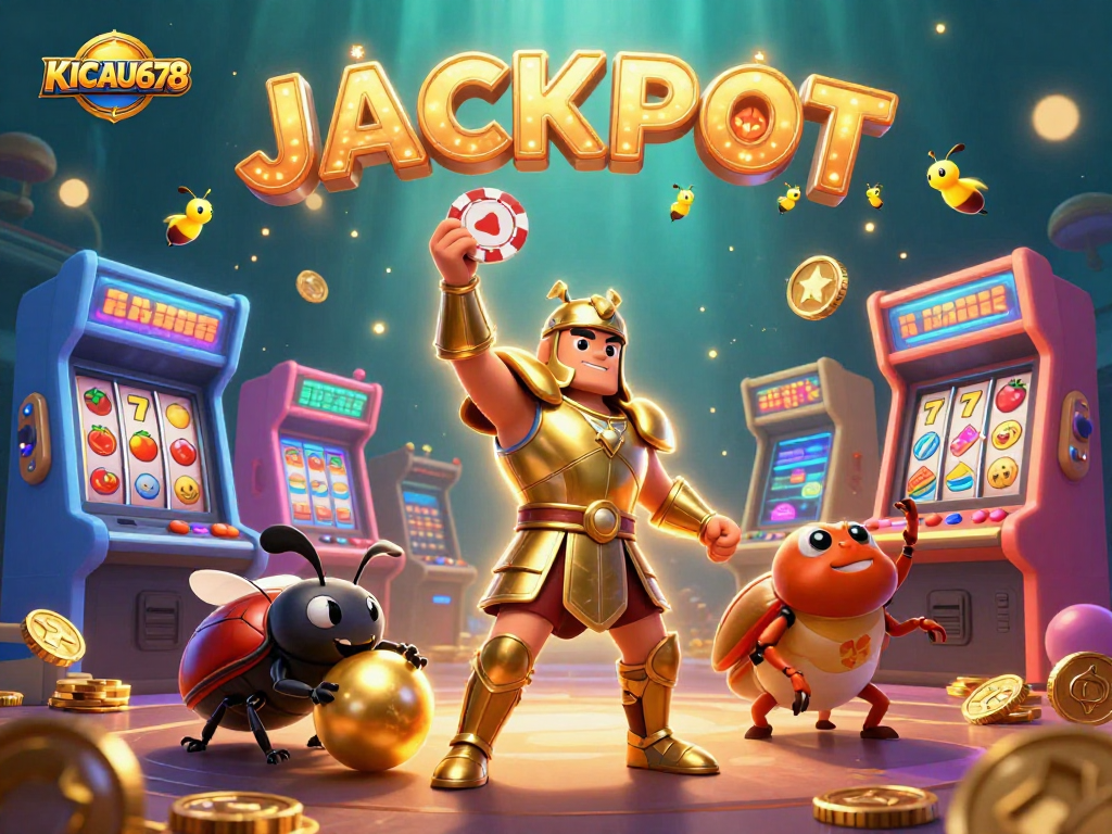 KICAU678 celebrates wins with a victorious hercules beetle and gaming elements in a vibrant casino scene.