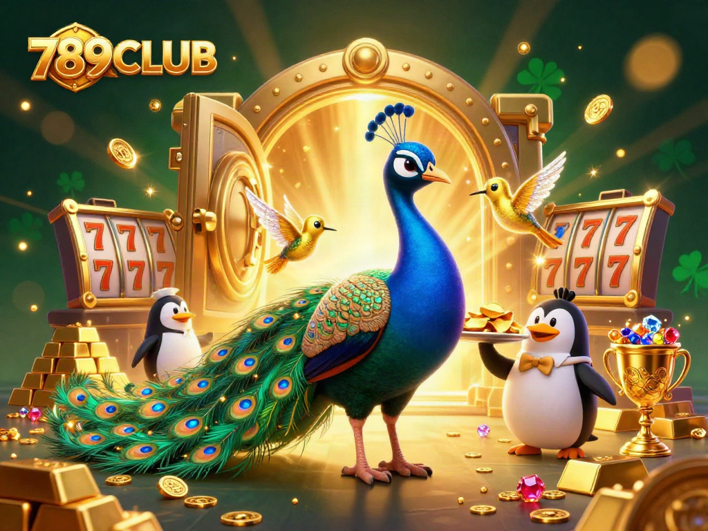 Experience the excitement of 789CLUB with vibrant casino characters and golden treasures in a dynamic scene.