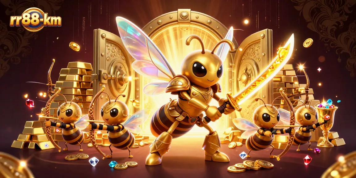 Engage in the thrilling world of rr88-km with dynamic 3D casino illustration featuring treasure and gaming elements.