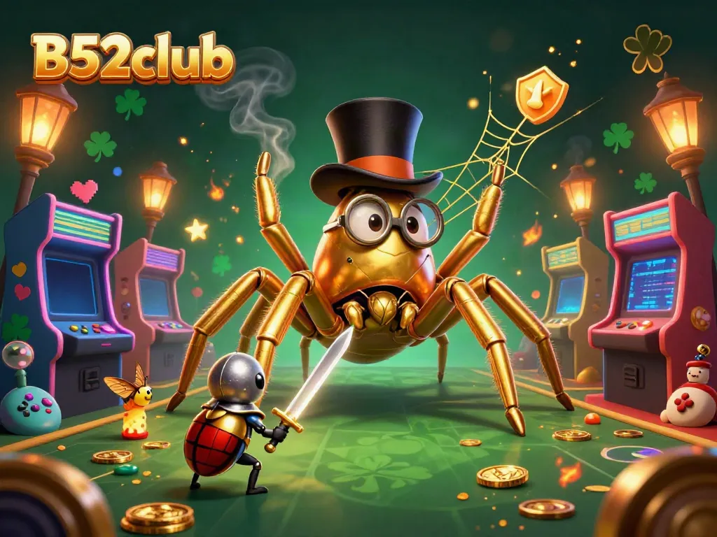 B52club evokes excitement as a golden tarantula interacts with a beetle knight amidst a vibrant casino backdrop.