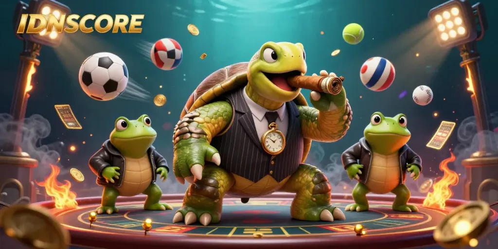IDNSCORE showcases a vibrant casino scene with a snapping turtle mobster and bullfrog enforcers.