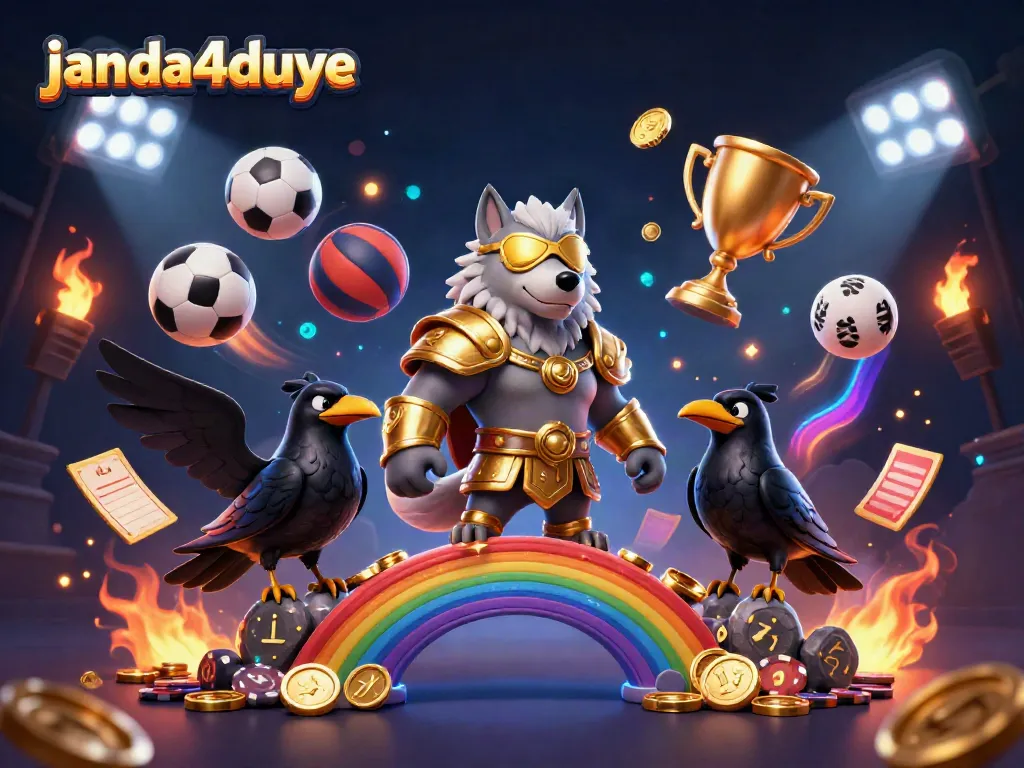 Pengalaman bermain judi dengan janda4duye di ilustrasi 3D, menampilkan karakter Odin sebagian wolf dan elemen permainan.