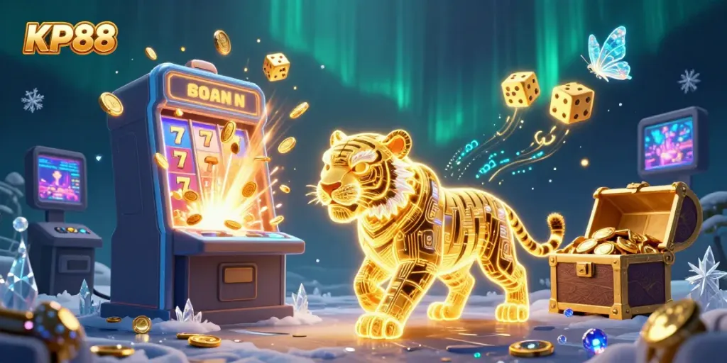 Experience thrilling gameplay at KP88 with a vibrant digital casino scene showcasing a jackpot explosion and interactive gaming elements.