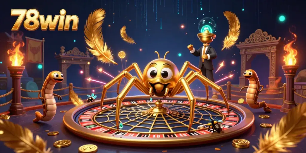 Experience the thrill of betting with 78win in an engaging casino-themed scene featuring a golden spider and dynamic elements.