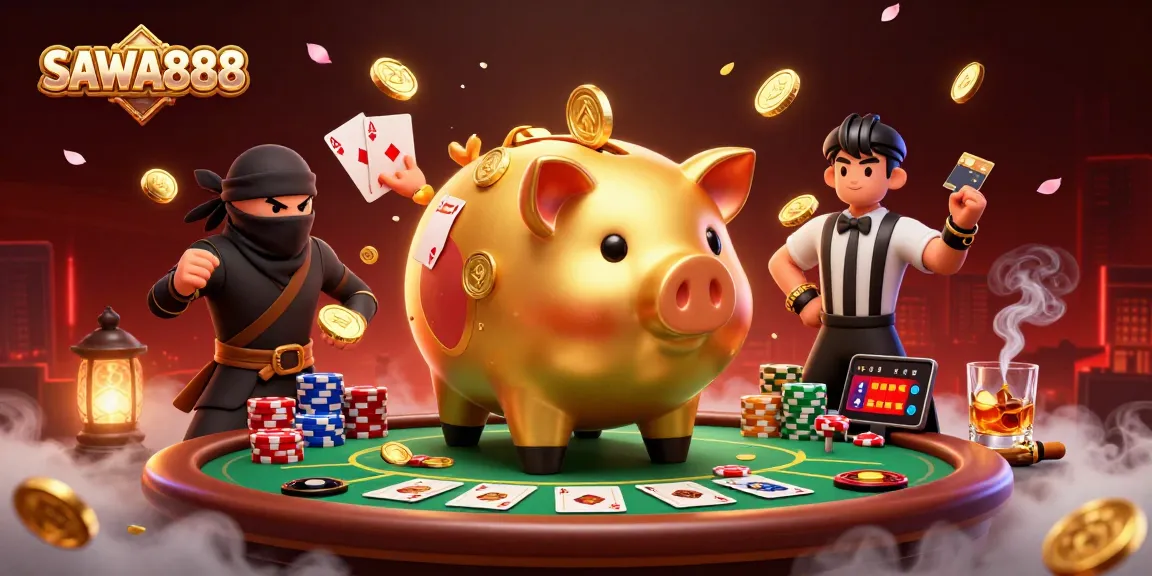 SAWA888 features vibrant characters in a casino scene, depicting thrilling gameplay with golden coins and poker elements.