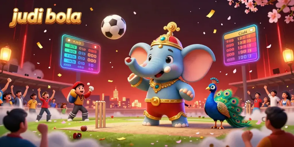 Engage in judi bola action with colorful visuals of a cricket match featuring a vibrant elephant and festive atmosphere.