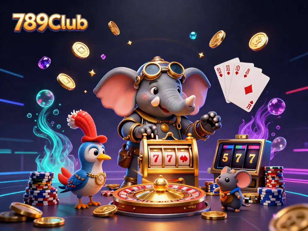 Engage with the vibrant world of 789Club, showcasing a steampunk elephant and dynamic casino elements.