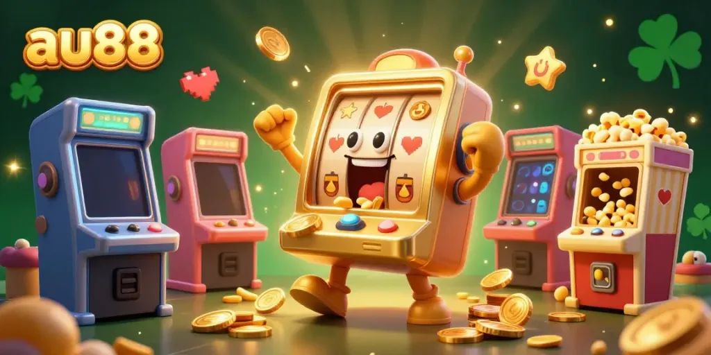 Engaging action scene showing au88's golden slot machine hitting a jackpot surrounded by cheering baby slots and popcorn, capturing the excitement of casino gaming.