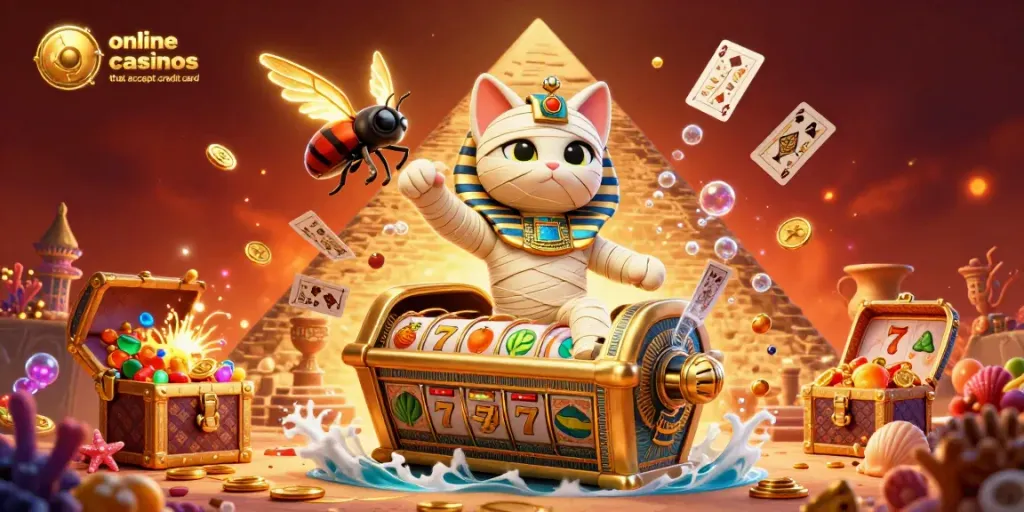 Witness the excitement of online casinos that accept credit card as an Egyptian mummy cat and a scarab beetle play amidst exploding treasure chests and glowing slot machines.