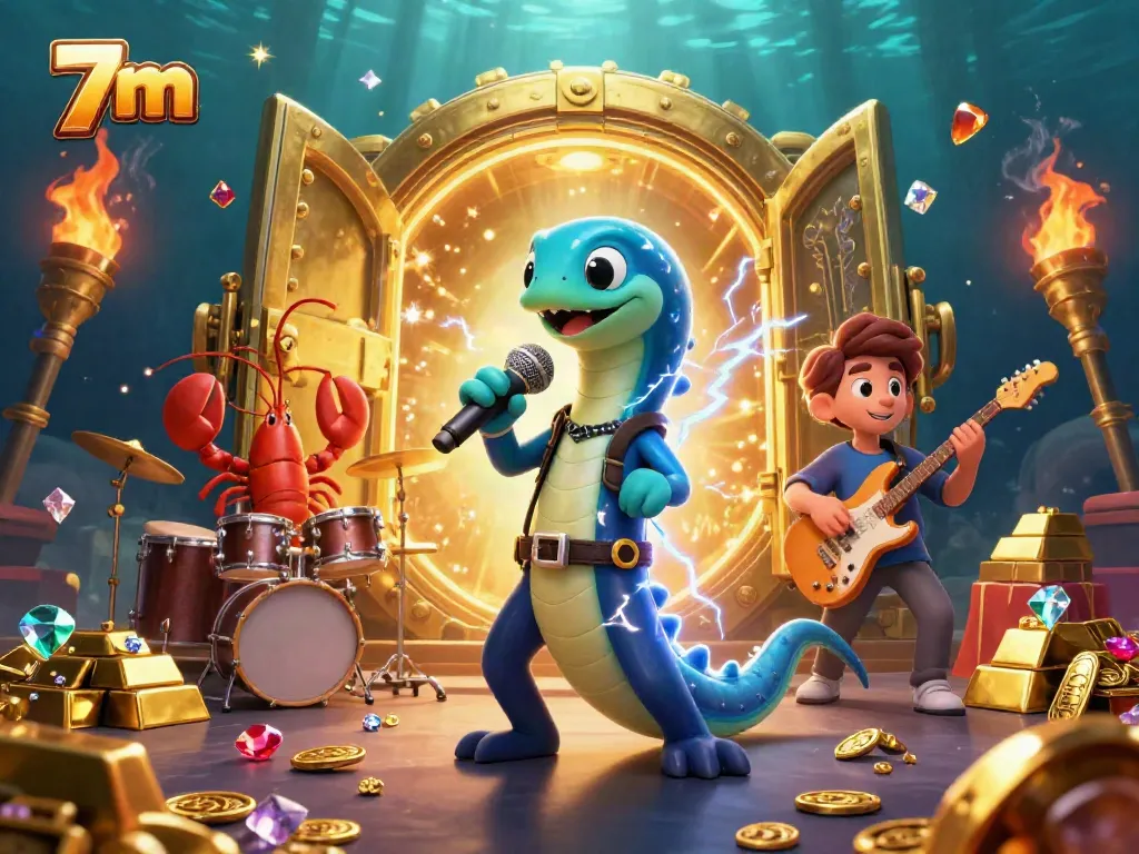 Engage with 7m's electric eel DJ performance surrounded by treasures in an underwater casino scene.