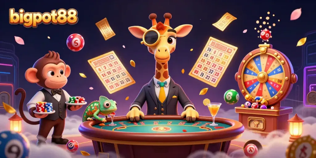 Permainan seru bigpot88 dengan tokoh jerapah dan monyet, serta bunglon di meja poker.