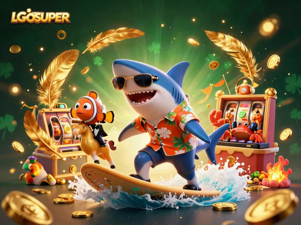 Play slots with LGOSUPER as a hammer-head shark rides gold coins in a vibrant casino scene.