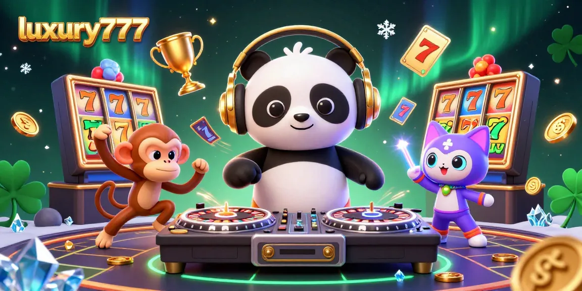 Permainan slot luxury777 dengan panda DJ, monyet breakdance, dan kucing rave yang dinamis.
