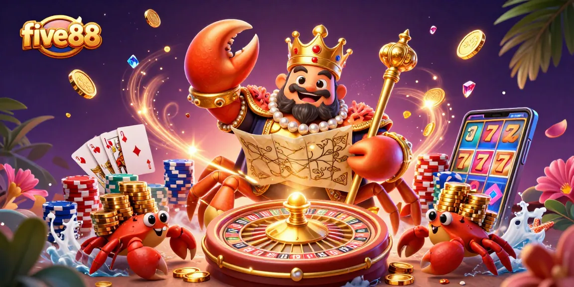 Engage in exciting bets and treasures at five88 as the golden crab emperor oversees a vibrant casino scene.