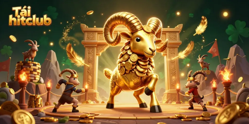 Experience excitement with Tải hitclub as the golden ram charges through a vibrant casino scene.