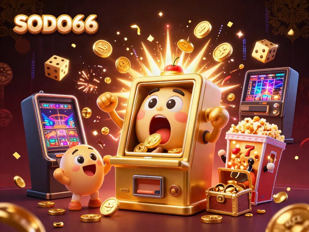SODO66 celebrates a winning moment with a golden slot machine, coins bursting out joyfully.