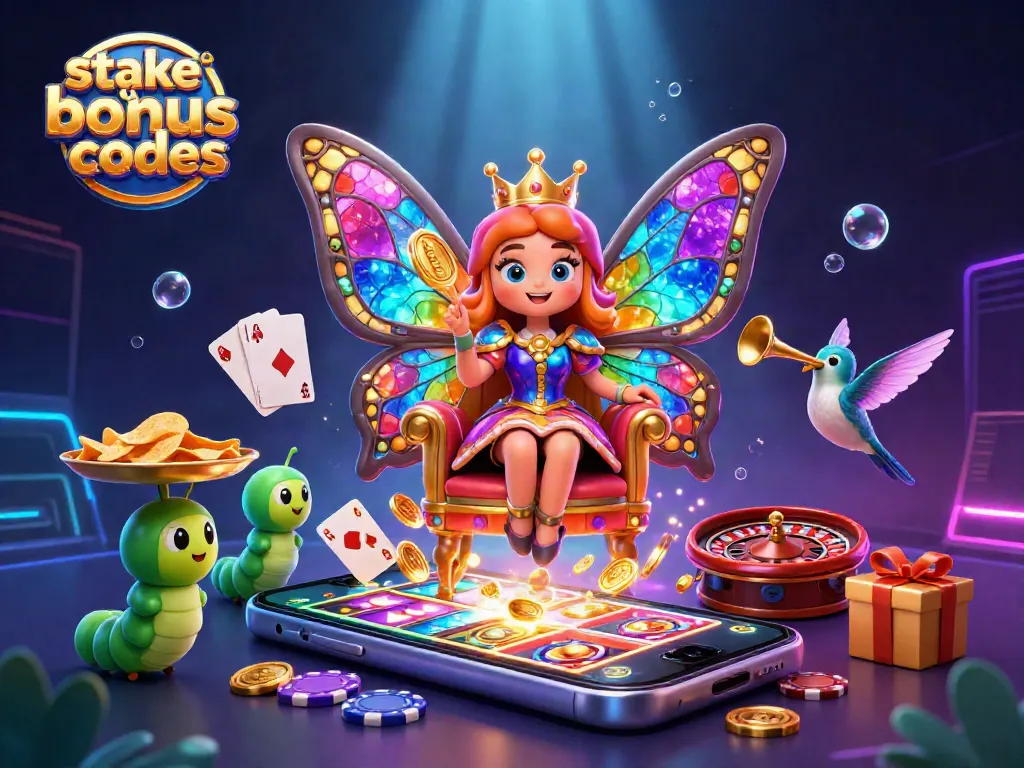 Spin and win at Stake.us bonus codes with vibrant 3D casino illustration showcasing games and rewards.