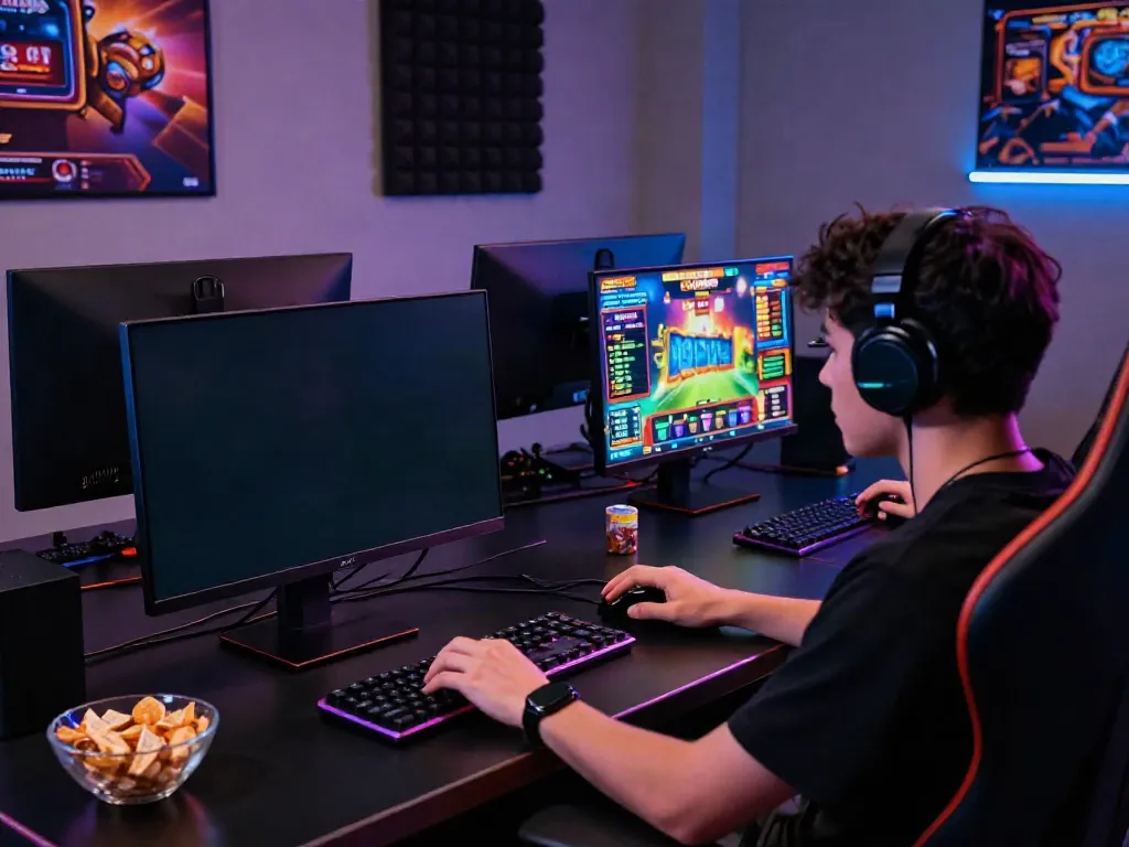 Player immersing in QQMacan's high-speed slot gacor game on a modern gaming setup.