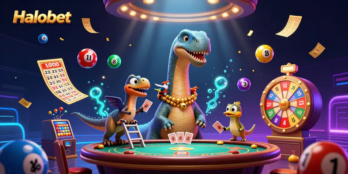 Experience Halobet's vibrant casino illustration with dynamic lottery elements and energetic characters.